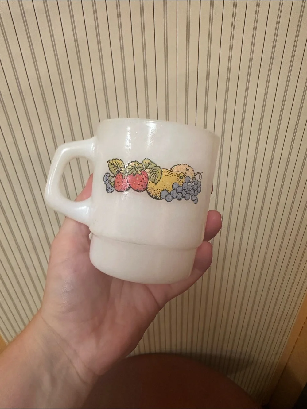 Vintage White Milk Glass Fruit Pattern Mug